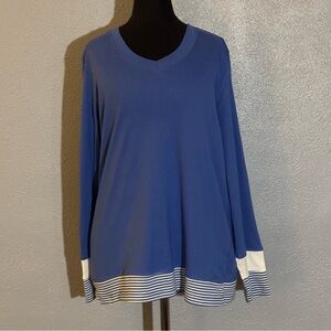 Karen Scott Sport Blue White Striped Trim V Neck Long Sleeve Top Womens Size L